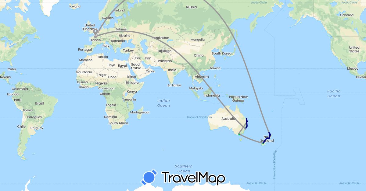 TravelMap itinerary: driving, bus, plane in Australia, France, New Zealand (Europe, Oceania)